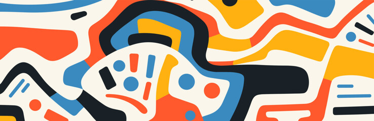 Abstract modern doodle banner with geometric shapes and lines in a minimalist primitive style ideal for creative background designs, focusing on fluidity, clean composition, and artistic. Eps