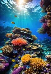 Obraz premium vibrant underwater landscapes showcasing colorful marine life diverse sea creatures lively ocean ecosystem, coral, fish, reef, aquatic, biodiversity, habitat