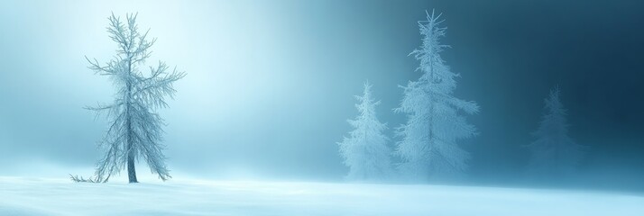 A serene winter scene with a lone frosted tree standing out against a backdrop of misty forest. The icy landscape evokes a sense of tranquility, isolation, and the beauty of nature in its most pristin