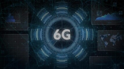 Animation of network of connections over diagrams and 6g text - Powered by Adobe