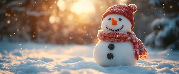 Fototapeta premium Cheerful snowman in a red hat and scarf standing in a snowy forest with a bright sun shining in the background.