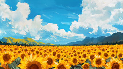 Fototapeta premium Artistic Style Painting of A Sunflower Field Aspect 16:9