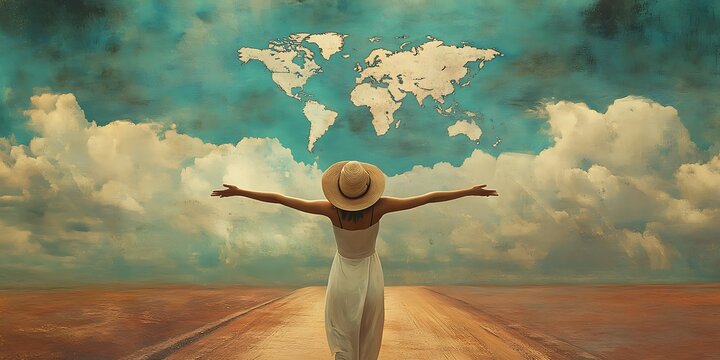 A scene with a woman in a hat facing the open road, arms outstretched. Above her, a world map forms in the cloud, symbolizing travel and exploration, with a warm, inviting atmosphere. - Powered by Adobe