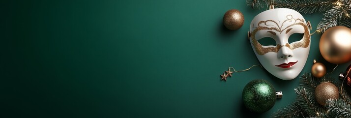 A sophisticated invitation for a New Year's Eve party featuring a white masquerade mask adorned with gold accents, surrounded by festive green and gold Christmas ornaments, on a dark green background,