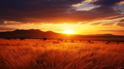 Obraz premium A stunning sunset over the African grasslands. The golden light of the setting sun bathes the landscape in a warm glow. The silhouette of distant mountains in the background adds depth and perspective
