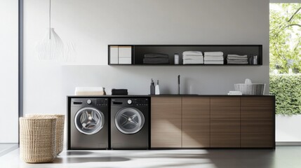 A stylish laundry room with a sleek washing machine and matching dryer, complemented by decorative storage baskets and a minimalist design.