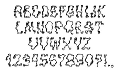 3d chrome liquid font. Silver wavy typeface. Liquid metal letters. Y2K style alphabet. Font with dripping glossy effect. Letters with molten metal effect. Metallic, fluid surface with reflections