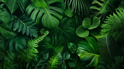 A vibrant, close-up view of lush tropical foliage in shades of emerald green, showcasing the beauty and texture of various leaves. Symbolizing nature's abundance, tranquility, and the interconnectedne