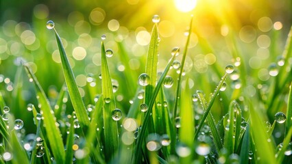 Fototapeta premium A Stunning Close-up Image Capturing Dewdrops on Green Grass in the Morning Sunlight for Nature-themed Projects