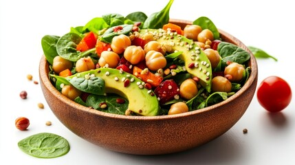A vibrant and healthy quinoa salad with chickpeas, spinach, avocado, tomatoes, and a sprinkle of sesame seeds. This salad is a perfect light and nutritious meal, packed with protein, fiber, and health