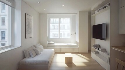   A cozy living space brimming with furnishings and a large flat-screen TV perched atop a solid wooden floor adjacent to a window