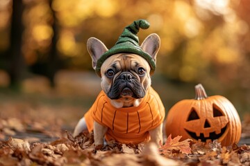 Small French bulldog wearing a pumpkin costume with a little green stem hat, sitting next to a pile of autumn leaves and a carved pumpkin.