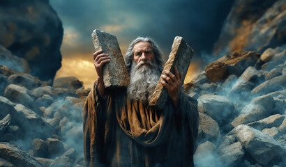 Moses and the Ten Commandments from God on Stone Tablets.