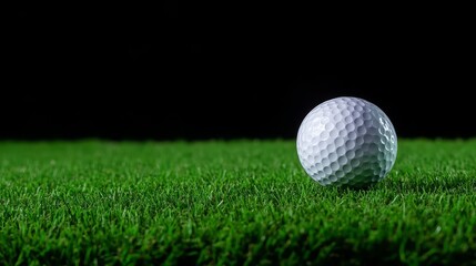 Fototapeta premium A white golf ball rests on a patch of green artificial grass against a black backdrop, symbolizing the sport of golf, precision, and the challenge of achieving a perfect shot.