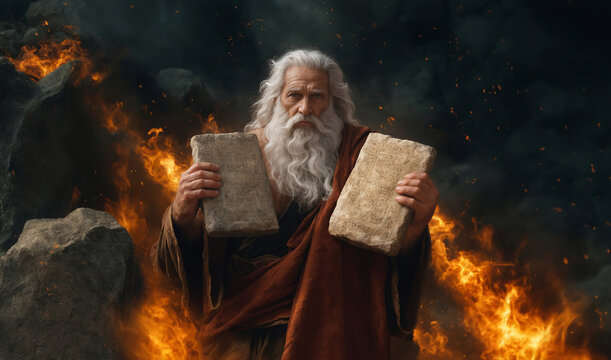 Moses and the Ten Commandments from God on Stone Tablets.