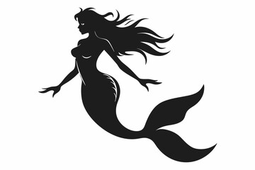 Mermaid silhouette, mermaid tail, shells and starfish vector illustration.
