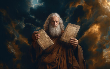 Moses and the Ten Commandments from God on Stone Tablets.