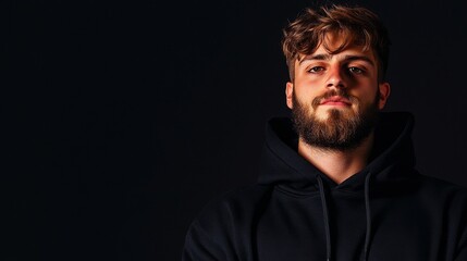 Fototapeta premium A young man with a beard, wearing a black hoodie, stares confidently into the camera. The image conveys strength, determination, and a sense of mystery.