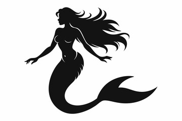 Mermaid silhouette, mermaid tail, shells and starfish vector illustration.