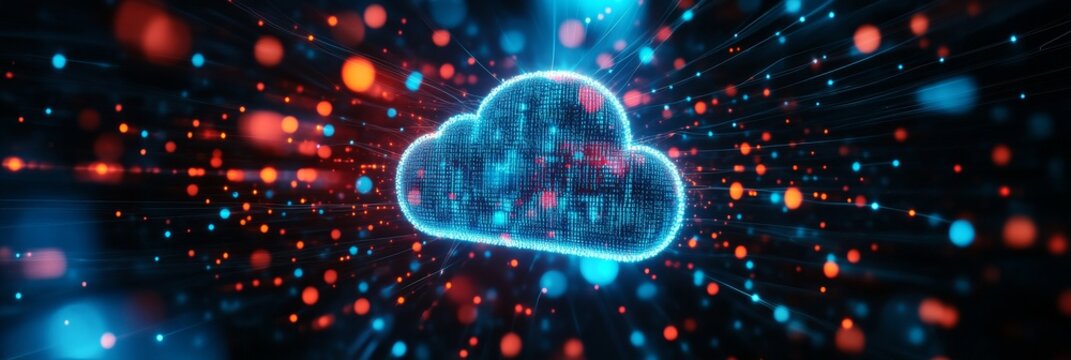 Abstract representation of cloud computing with a glowing cloud symbol composed of data and surrounded by a network of glowing lines and dots.