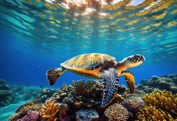 Fototapeta premium captivating water designs featuring vibrant sea life colorful exotic dynamic ocean patterns, aquatic, blue, bubbles, biodiversity, coral, currents