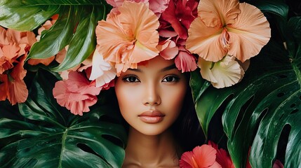   A woman wearing flowers on her head is surrounded by green foliage and pink-white flowers, with an orange bloom centering her face