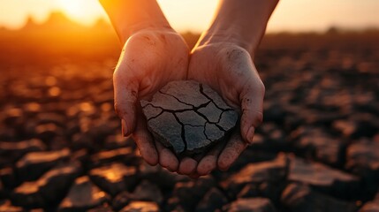 Hands cradle a piece of cracked earth, symbolizing resilience, fragility, hope, and the struggle against drought. The setting sun casts a warm glow, highlighting the importance of preserving our plane