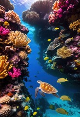 Naklejka premium vibrant coral reef zoom displaying diverse marine life colorful underwater ecosystem, fish, ocean, diversity, sea, aquatic, habitat, species, tropical, nature