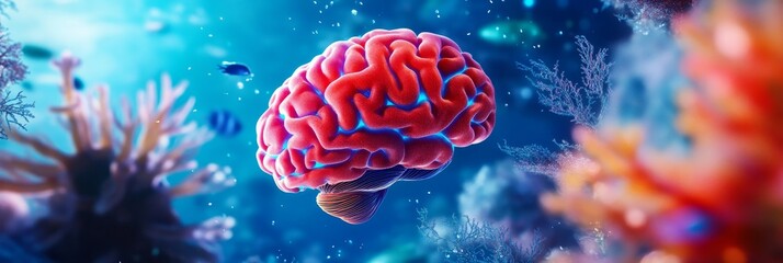 Obraz premium This surreal underwater image features a human brain floating amidst vibrant coral reefs and sparkling blue water. The brain is a symbol of the mind, thought, and consciousness, while the underwater e