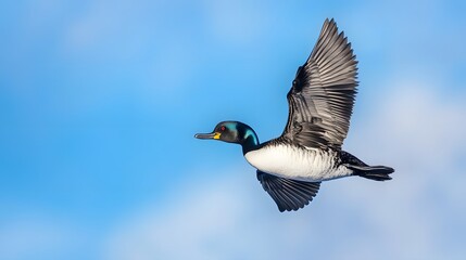 Obraz premium Black-necked Grebe Bird Flying Under Blue Sky, Photo Realistic, Wallpaper, Cover and Screen for Smartphone, PC, Laptop, 9:16 and 16:9 Format