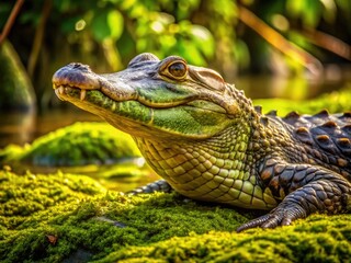 Obraz premium A large, ancient caiman basks in the warm sunlight, its scaly, moss-covered skin blending seamlessly into the lush, emerald-green aquatic vegetation surrounding it.