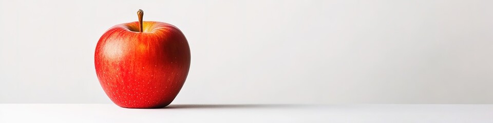 Red apple on white surface with empty space