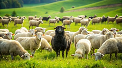 Obraz premium A lone black sheep stands out among a flock of white sheep grazing in a lush green meadow on a sunny day.