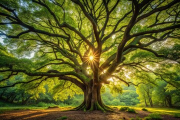 Obraz premium A lush, green laurel tree stands tall in a serene forest, its delicate leaves and twisted branches bathed in soft, warm, golden sunlight filtering through the canopy.