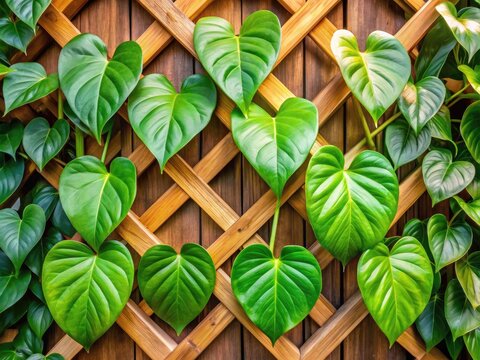 A lush, vibrant filodendro plant with heart-shaped leaves grows upwards, entwining itself around a wooden trellis, set against a bright, natural outdoor background.