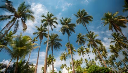Low angle view from below of coconut palm tree against cloud and blue sky