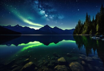 stunning moonlit landscapes illuminated starry skies featuring majestic reflective lush forests, moonlight, stars, sky, mountain, lake, nature, night - Powered by Adobe