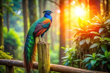 A majestic bird perches on a weathered wooden fence post, its vibrant plumage glistening in the warm sunlight filtering through a lush green forest background.