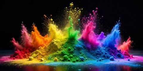 Rainbow Powder Explosion on Black Background, color powder, Holi, color splash