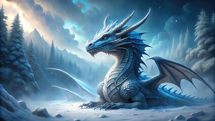 A majestic dragon with piercing eyes and icy blue scales sits calmly amidst frosty mist, exuding an aura of tranquility and mystique in a winter wonderland scene.