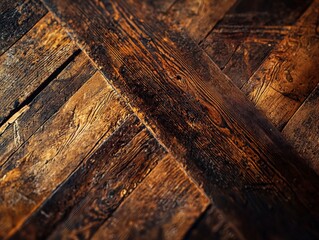Obraz premium Worn and scratched old timber surface with deep brown tones, showcasing beauty of aged wood. intricate textures and patterns evoke sense of rustic charm and history. 