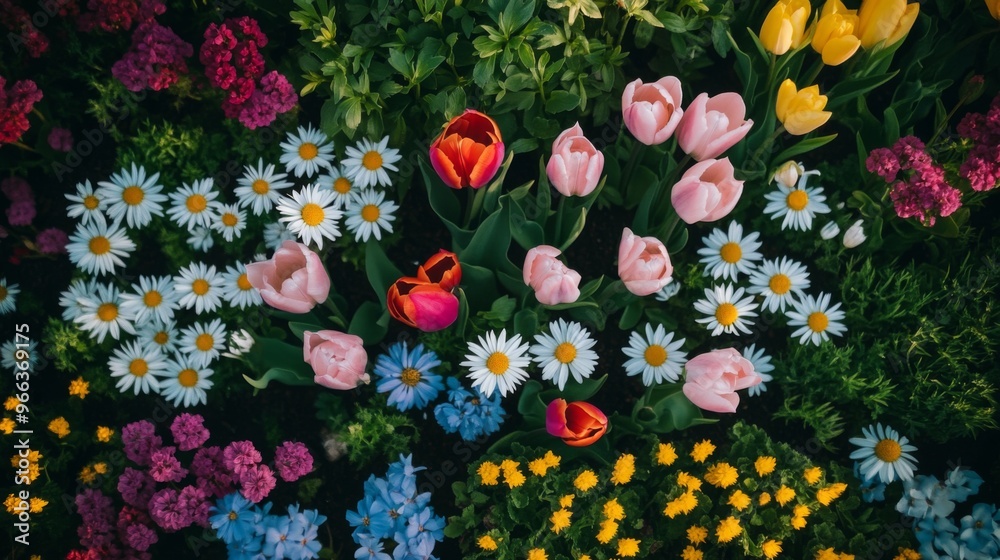 Poster a top-down shot of a springtime flower garden with various blooms including tulips and daisies, crea