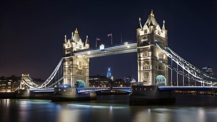 Obraz premium The famous Tower Bridge in London, which highlights the splendor of the city's old architecture, was photographed at night with its lights reflecting off the Thames River. 