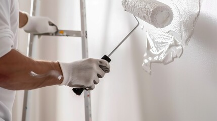 Extreme closeup of the hand of a male house painter while using a paint roller on a white wall in a domestic room. home improvement and diy project concept.