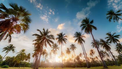 Fototapeta premium Low angle view from below of coconut palm tree against cloud and blue sky