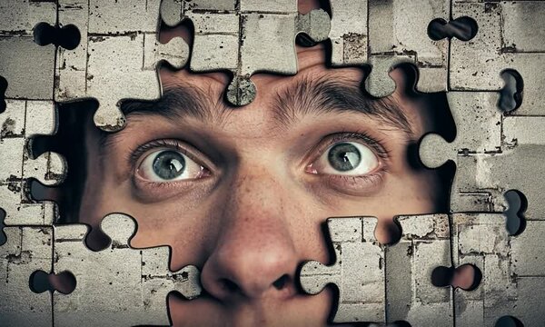 A man's face is shown through a puzzle piece, with his eyes wide open