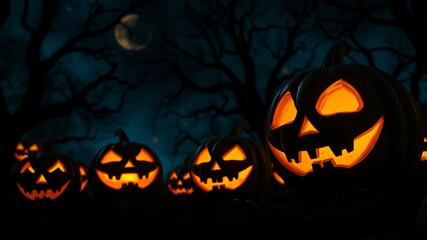 Jack O' Lanterns Glowing In Fantasy Night. Halloween Background 
