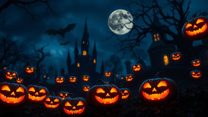 Jack O' Lanterns Glowing In Fantasy Night. Halloween Background 
