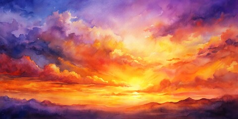 Obraz premium Sunset Over Mountains in Watercolor, Watercolor Painting, Sunset, Landscape, Nature