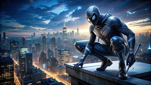 A masked vigilante with arachnid powers perches on a rooftop, cityscape gleaming behind, as he gazes intently into the night, ready to swing into action.